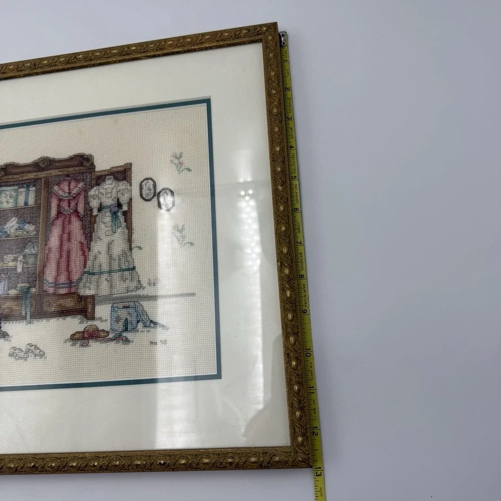 Vtg Embroidered Cross Stitched Wall Art Fashion Victorian Decor Matted Framed